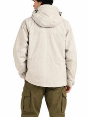 Back view of a men's beige waterproof shell jacket with adjustable hood, hook-and-loop cuff tabs and drawcord hem