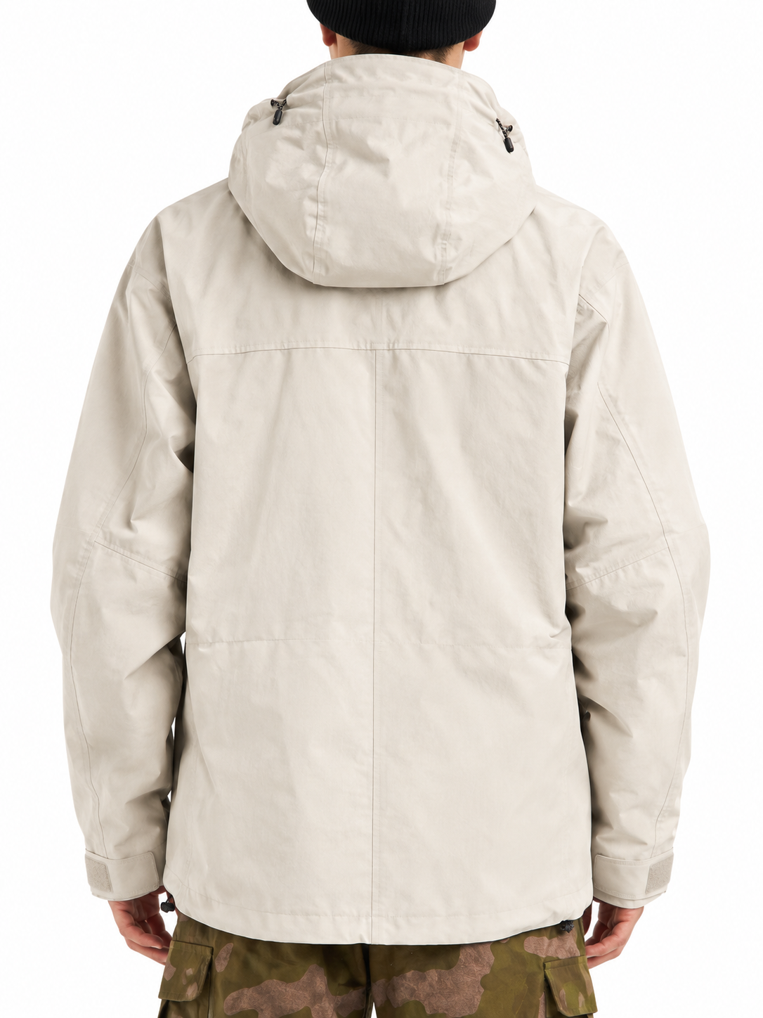 Back view of a men's beige waterproof shell jacket with adjustable hood, hook-and-loop cuff tabs and drawcord hem