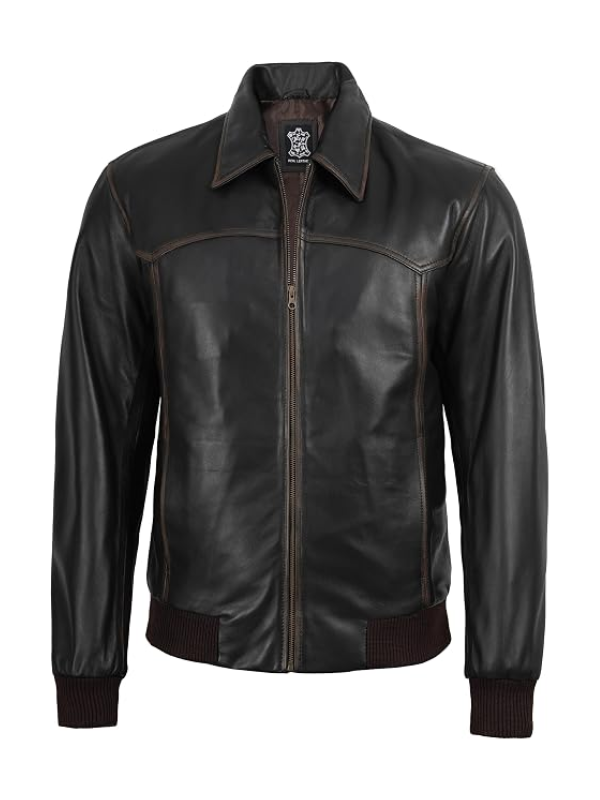 Front view of men's black leather jacket with shirt collar and zip closure