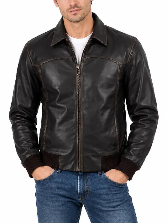 Front view of men's black leather jacket with shirt collar and zip closure