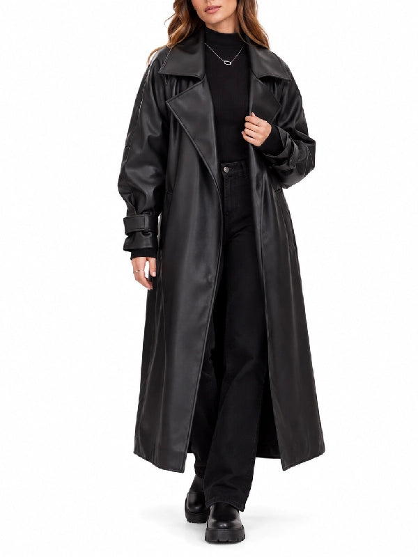 Front view of women’s black leather long trench coat with belt and wide lapels