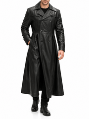 Full-length front view of men’s black leather double breasted trench coat styled with black boots