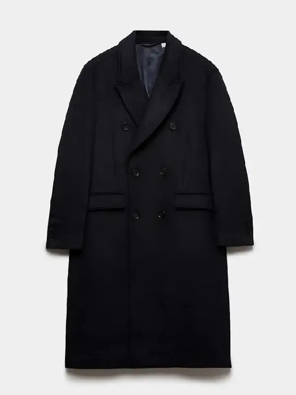 Men's black double-breasted wool overcoat, front view, oversized fit