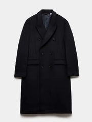Men's black double-breasted wool overcoat, front view, oversized fit