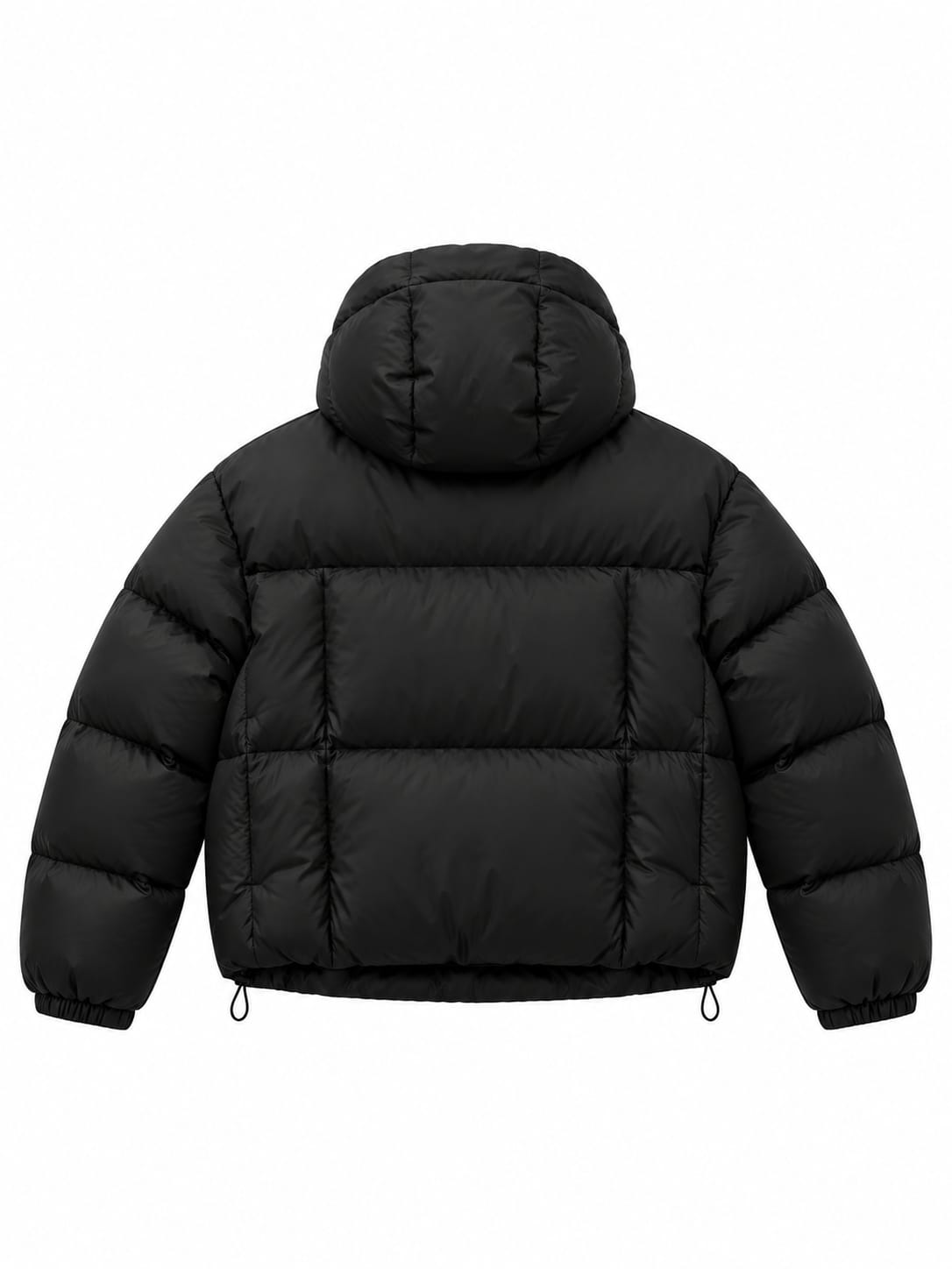Back view of cropped black hooded puffer jacket showing quilted panels and attached hood