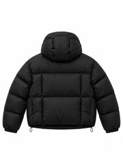 Back view of cropped black hooded puffer jacket showing quilted panels and attached hood