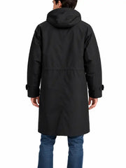 Back view of man wearing black long hooded trench coat with jeans