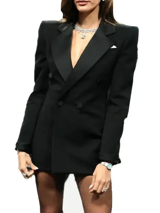 Elegant Black Blazer Dress with Sheer Tights – Sophisticated Evening Outfit