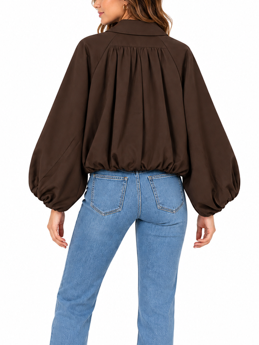 Brown cropped jacket with balloon sleeves, back view showing gathered yoke