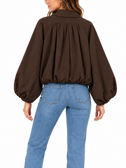 Brown cropped jacket with balloon sleeves, back view showing gathered yoke