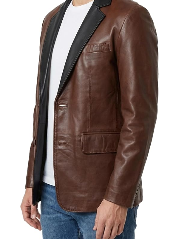 Men's Two-Tone Brown Black Leather Blazer Jacket – Side View