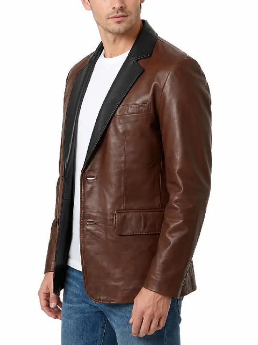 Men's Two-Tone Brown Black Leather Blazer Jacket – Side View