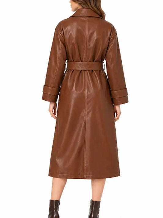 Back view of women’s brown long leather belted trench coat with shirt collar and strap cuffs