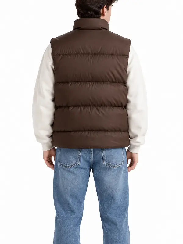 Back view of man wearing brown quilted puffer vest over cream hoodie