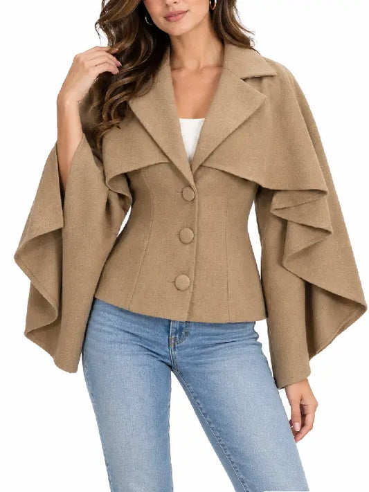 Women's camel wool coat with ruffled cape sleeves, front view.