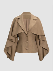 Women's camel wool coat with ruffled cape sleeves, front view.