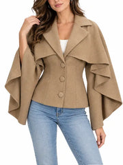 Women's camel wool coat with ruffled cape sleeves, front view.