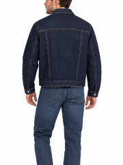 Back view of a men's dark indigo denim trucker jacket with contrast stitching and banded waist