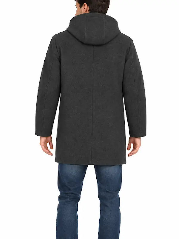 Back view of man wearing charcoal grey wool hooded coat with jeans