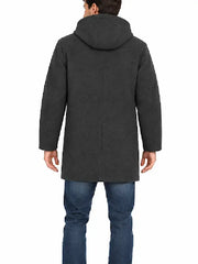 Back view of man wearing charcoal grey wool hooded coat with jeans