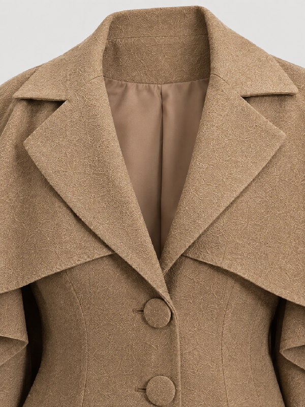 Close-up of camel wool coat collar, lapel, and button closure showing fabric texture