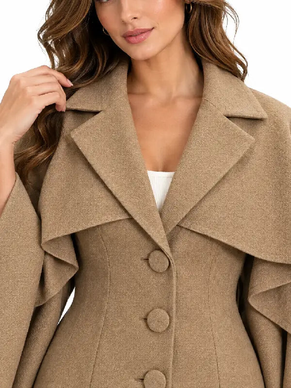 Close-up of camel wool coat collar, lapel, and button closure showing fabric texture