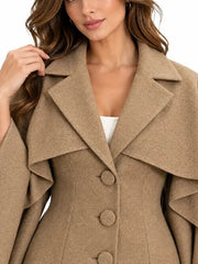 Close-up of camel wool coat collar, lapel, and button closure showing fabric texture