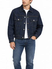 Front view of a men's dark blue denim jacket with button front, chest flap pockets and pointed collar