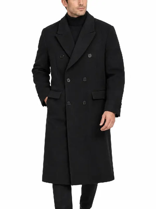 Men's black double-breasted wool overcoat, front view, oversized fit