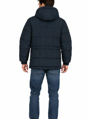 Back view of man wearing navy quilted hooded puffer jacket with jeans