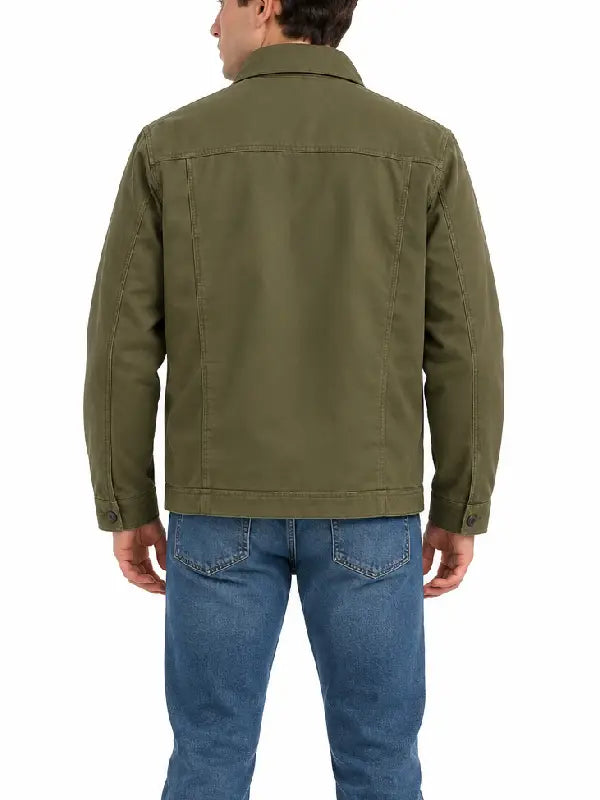 Back view of men's olive green cotton twill field jacket with yoke seam and button cuffs