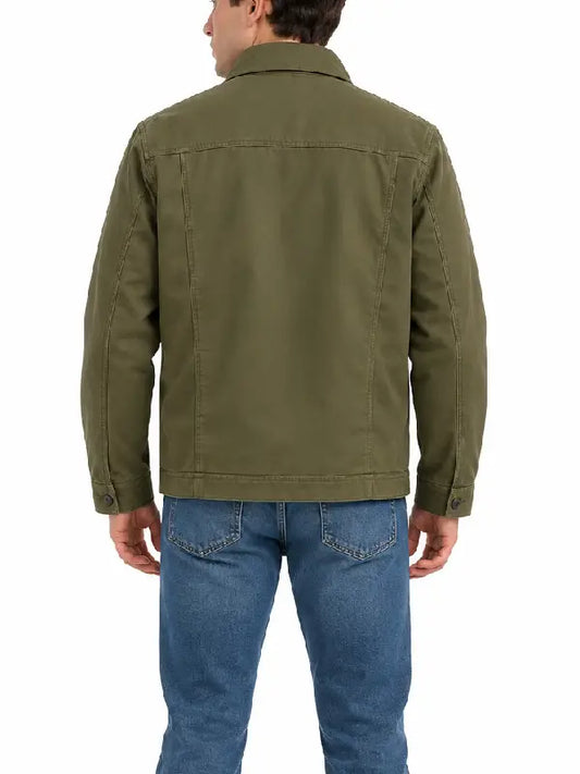 Back view of men's olive green cotton twill field jacket with yoke seam and button cuffs