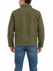 Back view of men's olive green cotton twill field jacket with yoke seam and button cuffs
