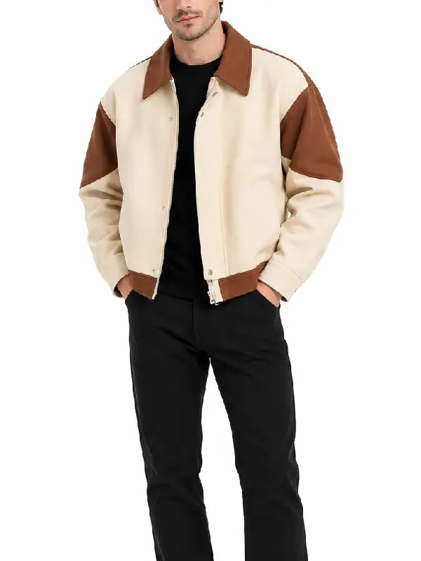 Front view of a men's cream colorblock zip-up jacket with brown collar, snap placket and side pockets
