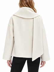 Back view of a women's cream wool short coat showing the draped scarf collar and wide sleeves