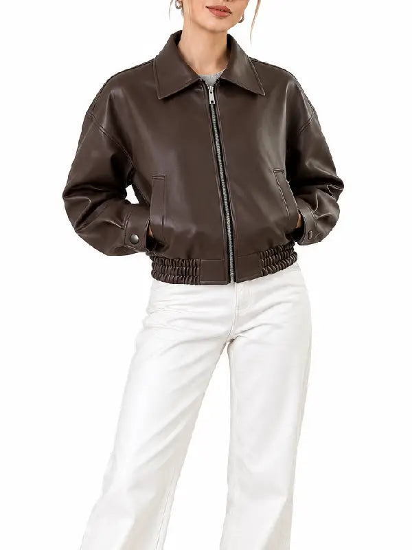 Brown real leather bomber jacket for women styled front view