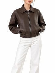 Brown real leather bomber jacket for women styled front view