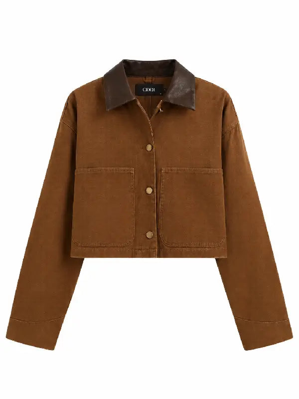 Front view of brown cropped workwear jacket showing button closure and patch pockets