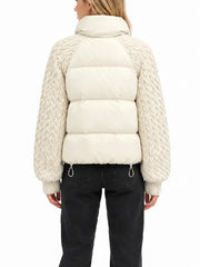 Back view of women's cream puffer jacket with cable-knit raglan sleeves and drawcord hem