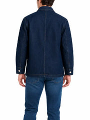 Man wearing dark denim chore jacket, back view showing seam detailing