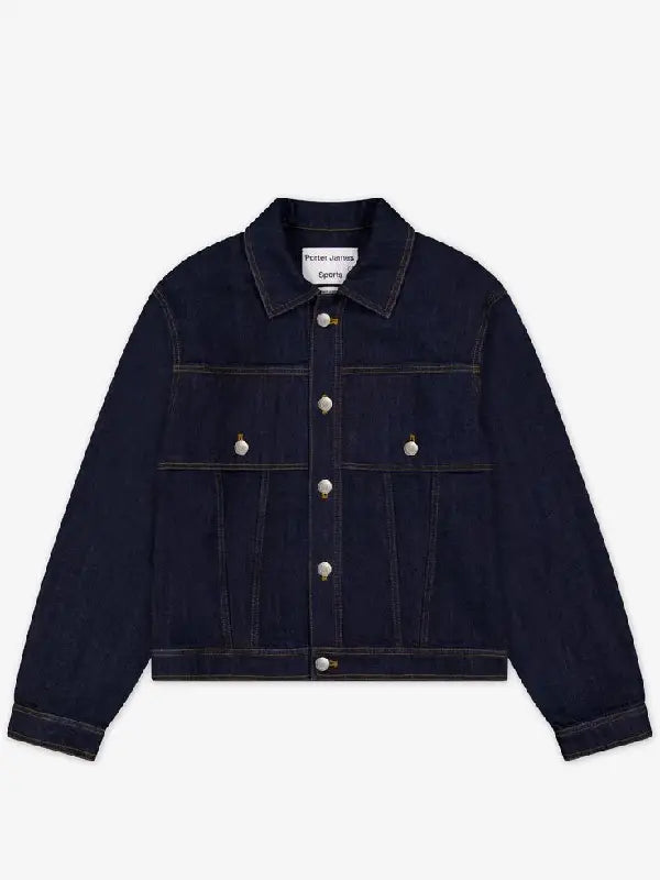 Porter James Sports rinse-wash denim trucker jacket, front view, buttoned closure with chest flap pockets