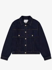 Porter James Sports rinse-wash denim trucker jacket, front view, buttoned closure with chest flap pockets