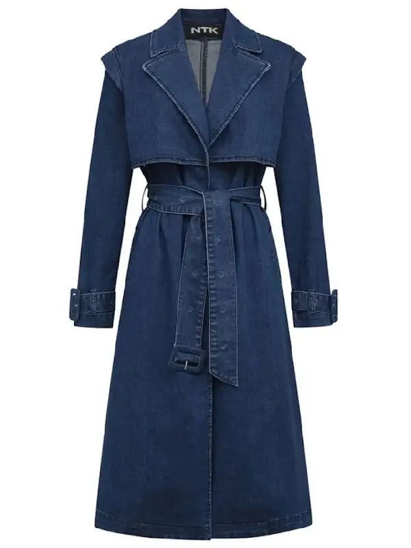 Front view of women's blue denim trench coat with notched collar, button closure, and belted cuffs