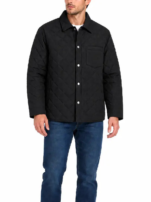 Man wearing black diamond quilted shirt jacket, front view with snap buttons