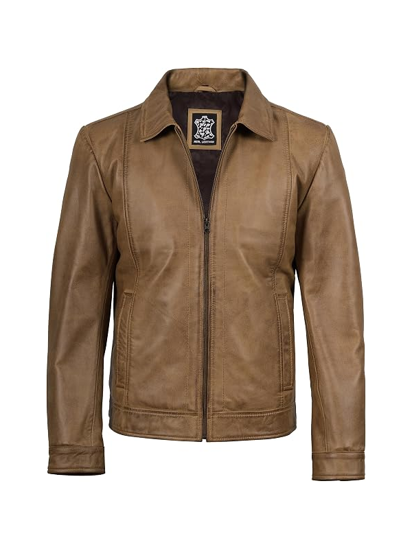 Men's tan distressed leather jacket front view fully zipped, classic shirt collar