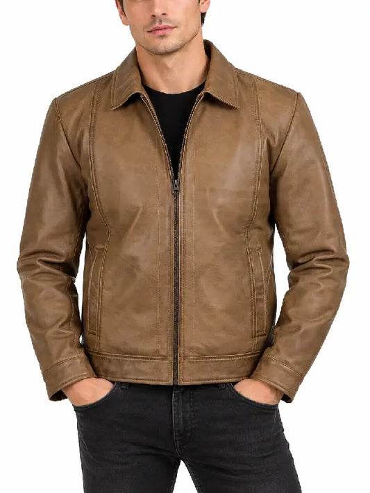 Men's tan distressed leather jacket front view fully zipped, classic shirt collar