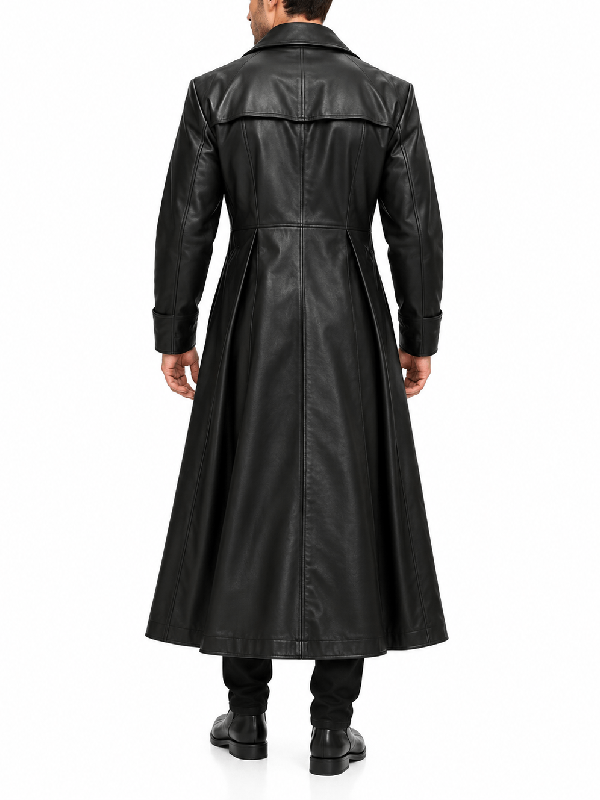 Back view of men’s black long leather trench coat with shoulder storm flap and pleated flared skirt