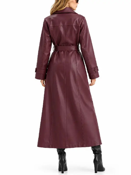 Back view of women’s burgundy long real leather trench coat with belt and strap cuffs