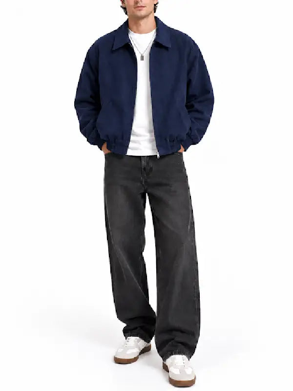 Men’s navy blue faux suede bomber jacket front view with zip front and ribbed cuffs