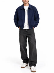 Men’s navy blue faux suede bomber jacket front view with zip front and ribbed cuffs